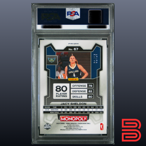 Jacy Sheldon 2024 Prizm Monopoly WNBA #67 Boardwalk Blue /15  Color Match PSA 10